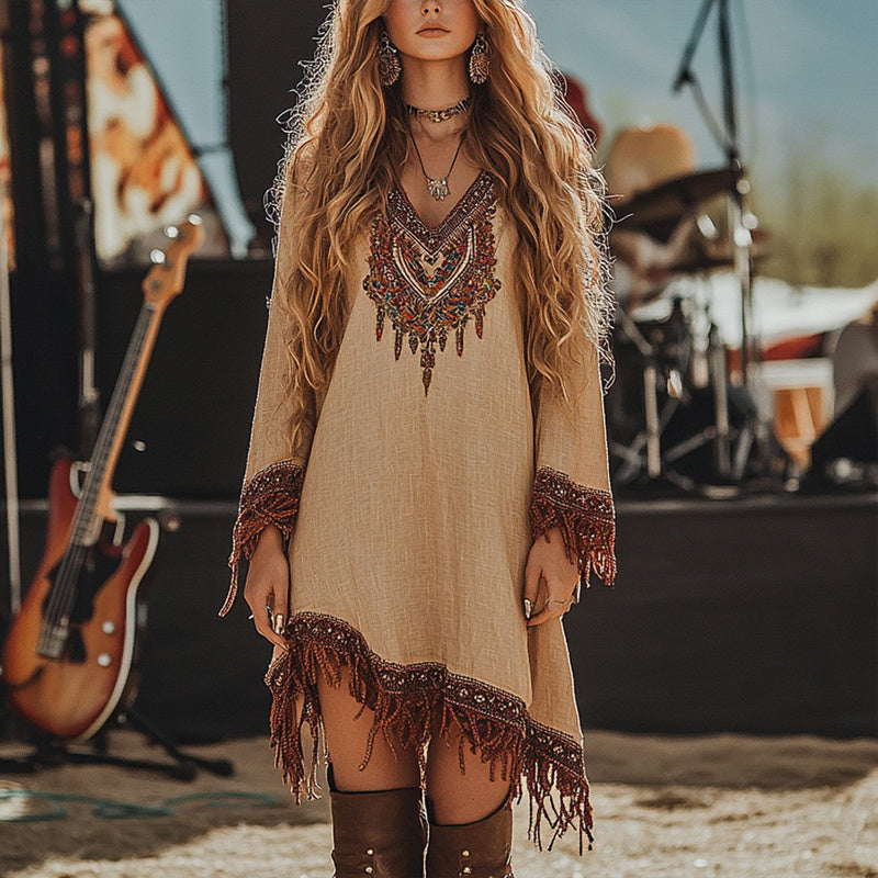 Bohemian Embroidered Fringe Dress - OAKRAE